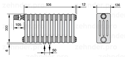Схема (чертеж) Радиатор Zehnder Charleston 4030/11 №V007 Белый глянцевый RAL 9016